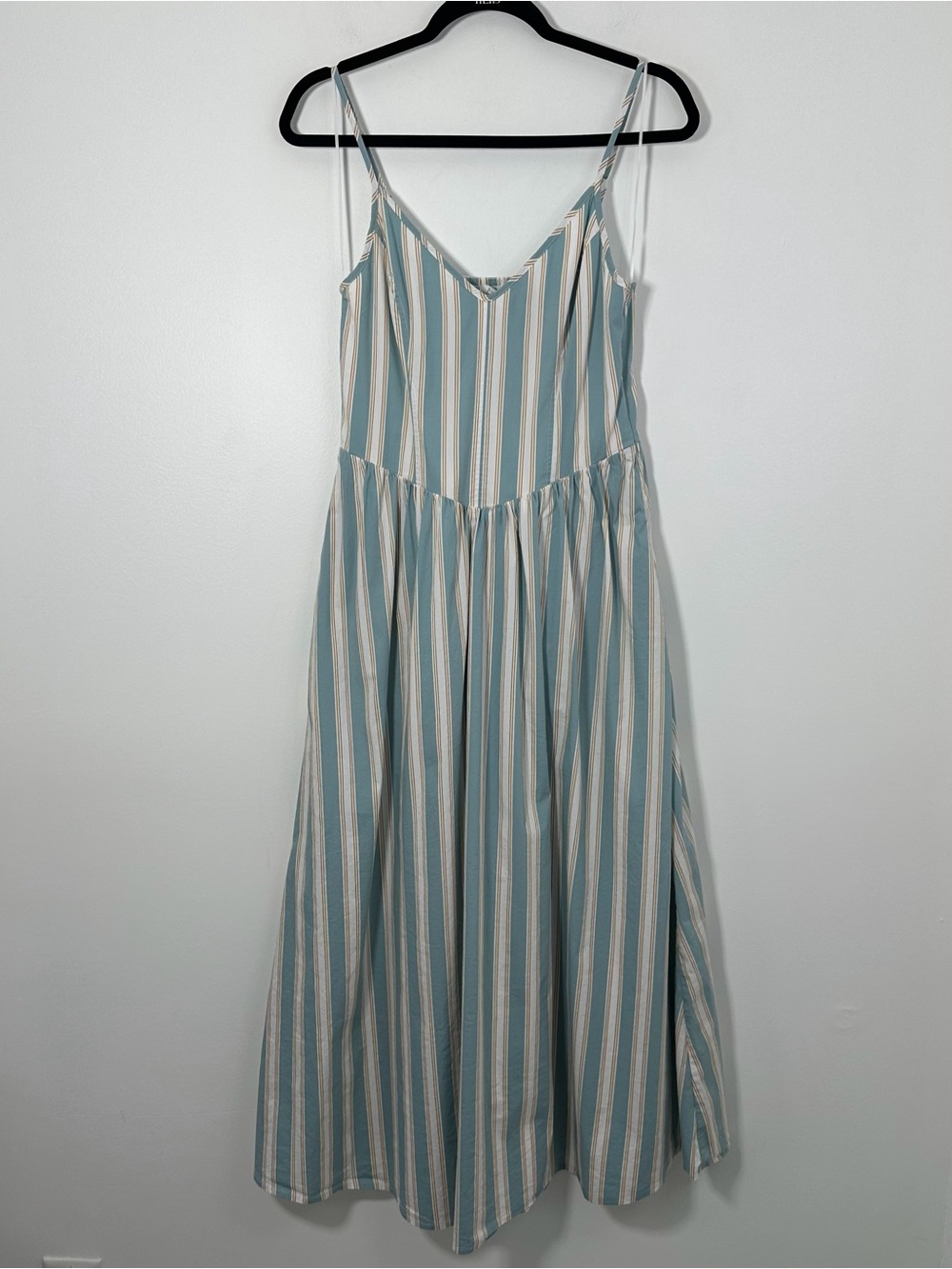 WAYF Women’s Striped Maxi Dress Size M Blue White Mustard Smocked Back Slit Boho